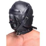 Masker met Gagbal,SM masker, BDSM, extreme SM, premium black, luxe uitvoering, hoge kwaliteitsleer, verstelbaar masker, gagbal inbegrepen, intense ervaring, gevorderde gebruikers, duurzaam materiaal, comfortabel ontwerp, zwart design.
