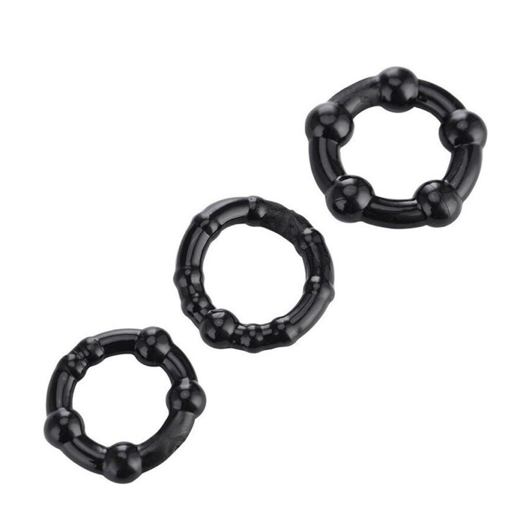 cockring, penisring, set van 3, siliconen cockringen, zwart design, SM accessoires, lichaamsveilig materiaal, comfortabele pasvorm, genot verlengen, erectie ondersteuning, flexibel materiaal.