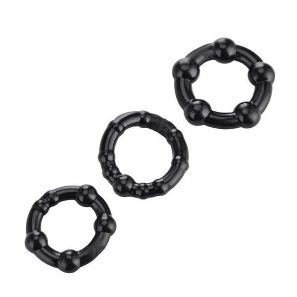 cockring, penisring, set van 3, siliconen cockringen, zwart design, SM accessoires, lichaamsveilig materiaal, comfortabele pasvorm, genot verlengen, erectie ondersteuning, flexibel materiaal.