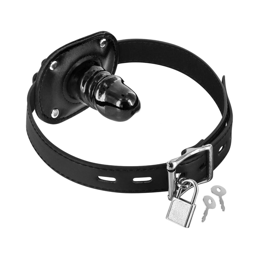 mondgag penis,penis gag, gag bal, verstelbaar, leren bandage, luxe uitvoering, slotje inclusief sleutel, 5 cm penis, BDSM accessoires, hoogwaardige kwaliteit, zwart design, mondknevel
