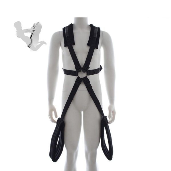 standjes harnas, seks schommel, BDSM, SM, verschillende standjes, luxe materiaal, love swing, benenspreider, verstelbaar harnas, leren afwerking, handvatten, staande seks, waterbestendig, geschikt voor ieder gewicht.