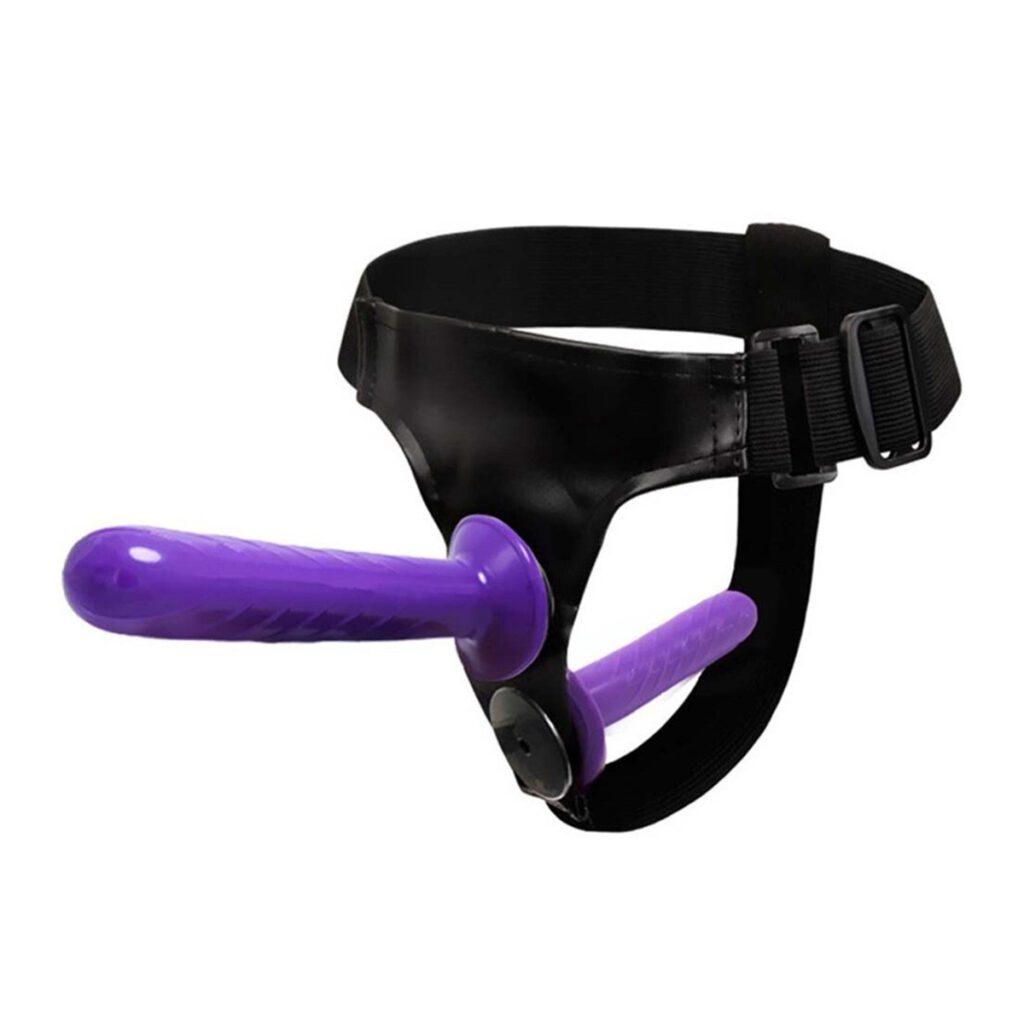 strap-on, dubbele penetratie, voorbinddildo, verstelbaar, leder, luxe, sm, seksspeeltje, paars, kwaliteit