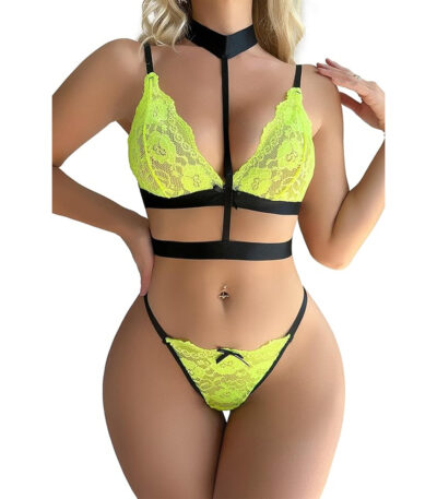 lingerie, set, fluorescerend, neon, beha, string, dames, sexy, uitdagend, erotisch