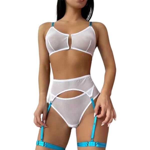 sexy, lingerie, set, 3-delig, zachte stof, doorschijnend, wit, blauw, bh, jarretels
