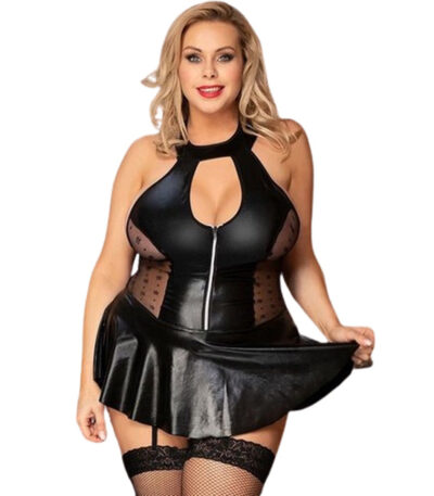 latex, wetlook, jurk, plus size, grote maten, open decolleté, sexy, lingerie, zwart, luxe