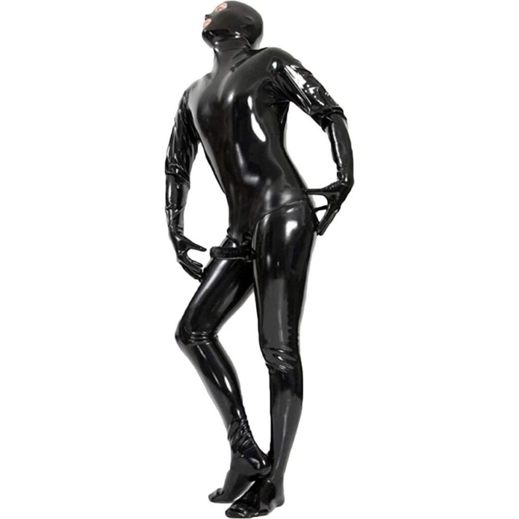 latex, wetlook, jumpsuit, penis sleeve, bodysuit, masker, bdsm, fetisj, mannen, zwart