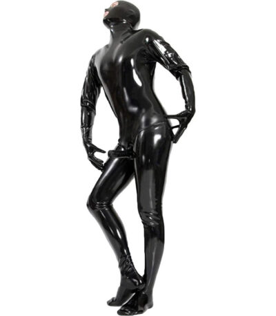 latex, wetlook, jumpsuit, penis sleeve, bodysuit, masker, bdsm, fetisj, mannen, zwart