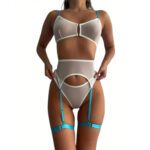 sexy, lingerie, set, 3-delig, zachte stof, doorschijnend, wit, blauw, bh, jarretels
