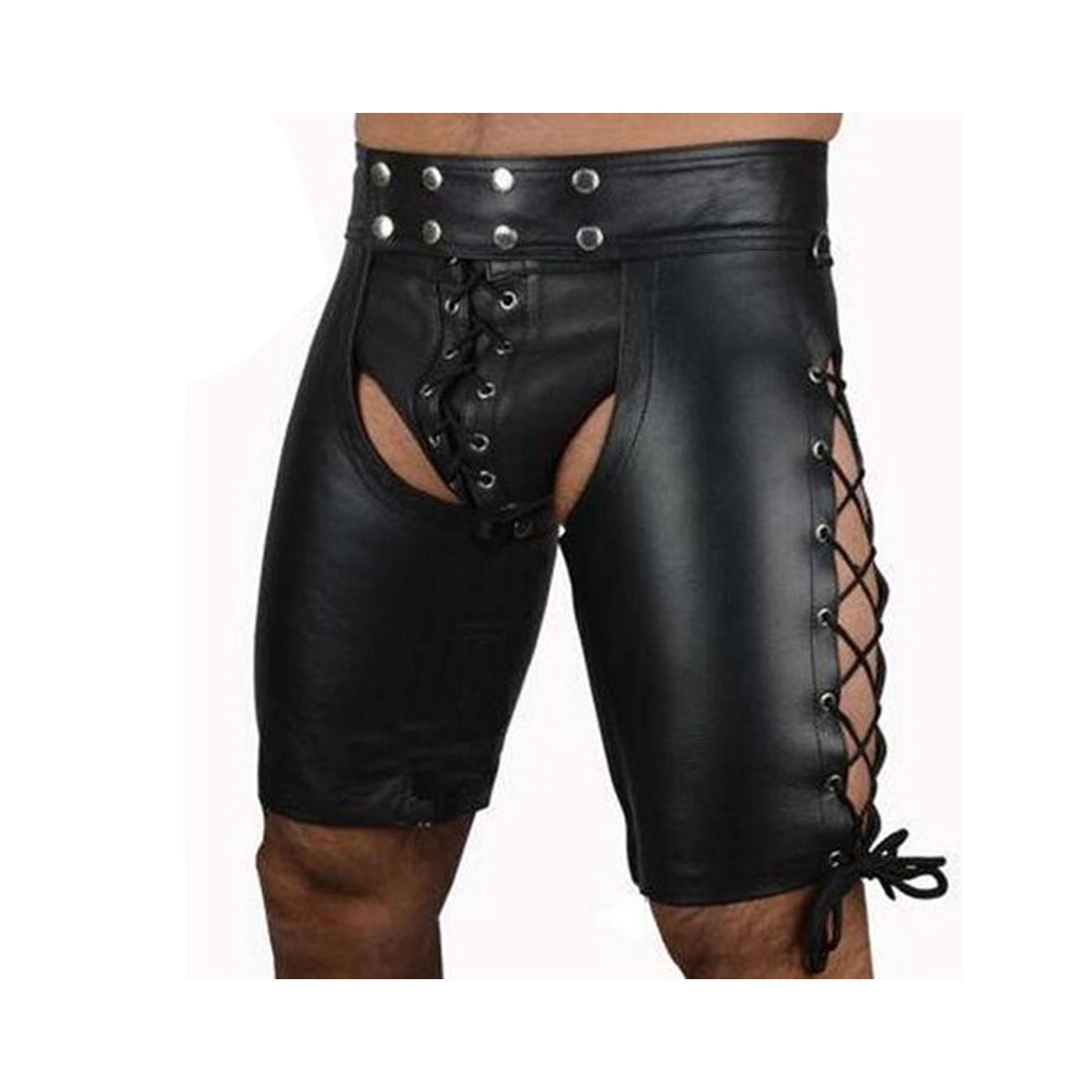 Korte broek leder leder, lederen BDSM short, leather bondage kleding, erotische broek, open billen, penisvakje, kunstleer, zeer hoge kwaliteit, SM kleding, heren, S tot en met XL