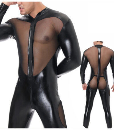 leder, lederen bodysuit, leather bondage kleding, catsuit heren, erotische kleding mannen, sexy lederen look, kunstleer, SM kleding, transparante inzetstukken, zeer hoge kwaliteit, S tot en met XXL