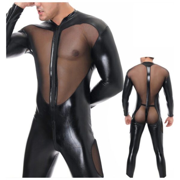 leder, lederen bodysuit, leather bondage kleding, catsuit heren, erotische kleding mannen, sexy lederen look, kunstleer, SM kleding, transparante inzetstukken, zeer hoge kwaliteit, S tot en met XXL